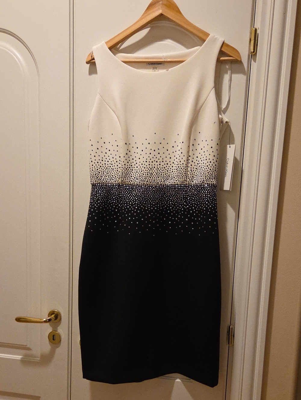 Calvin Klein White and Black Crystal-Embellished Sheath Dress